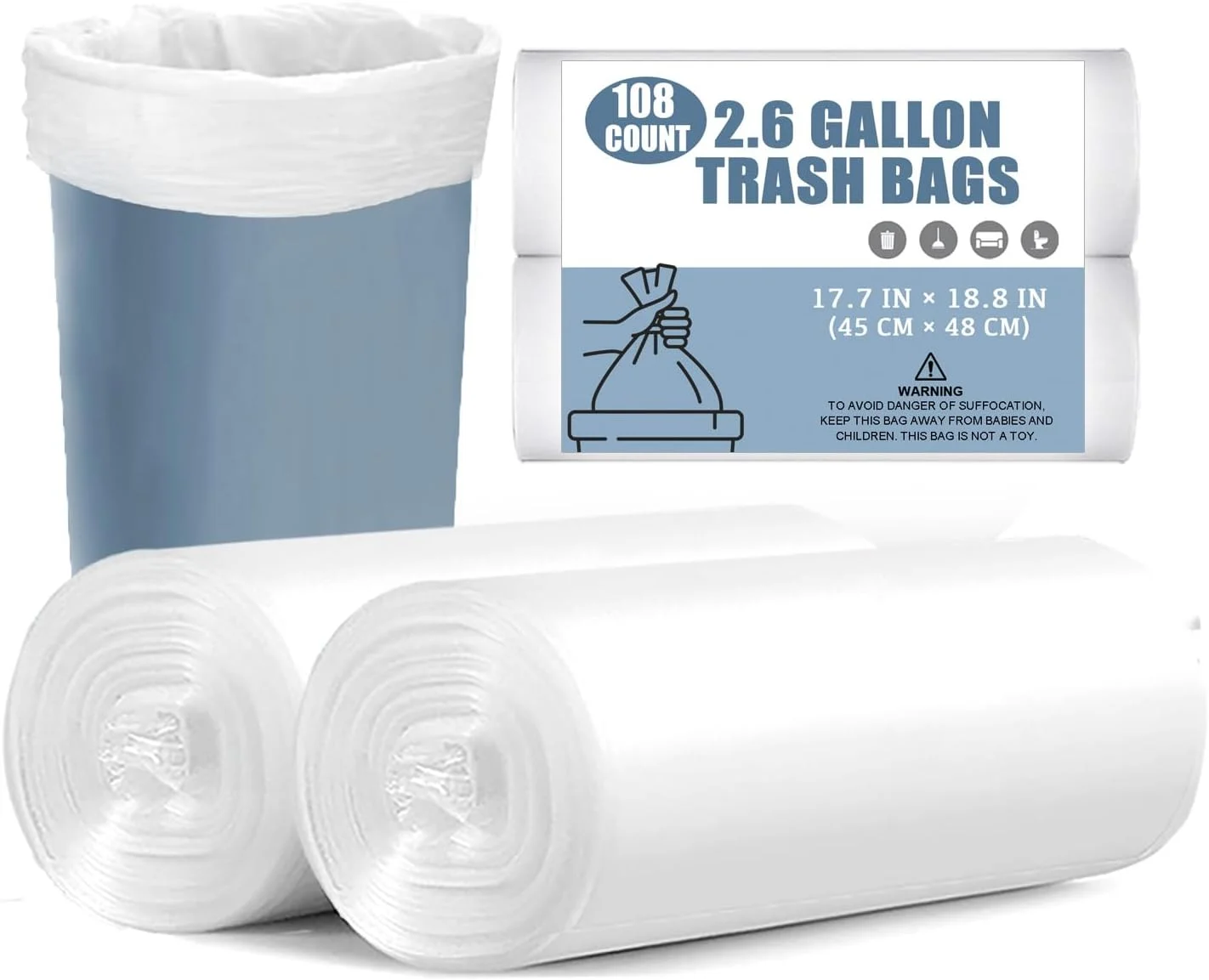 108 count pack of 2.6 gallon small trash bags sold on Amazon