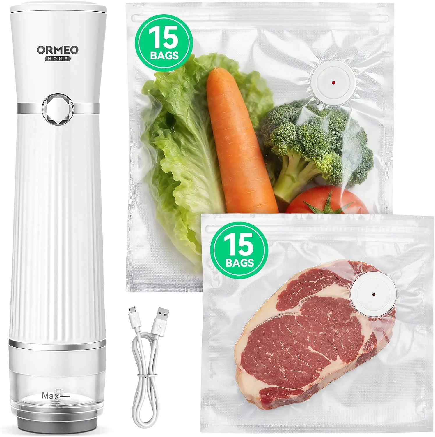 ORMEO HOME compact handheld vacuum sealer with reusable bags on Amazon