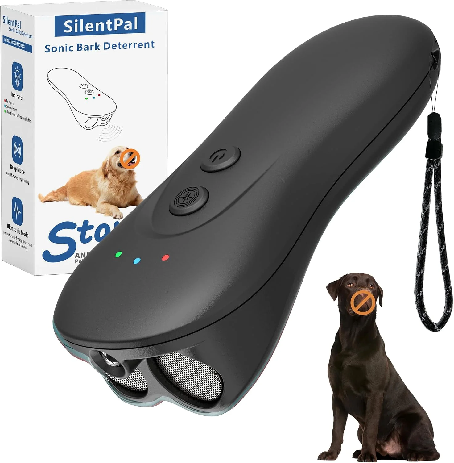 SilentPal Dog Bark Deterrent device in black, shown on Amazon product page