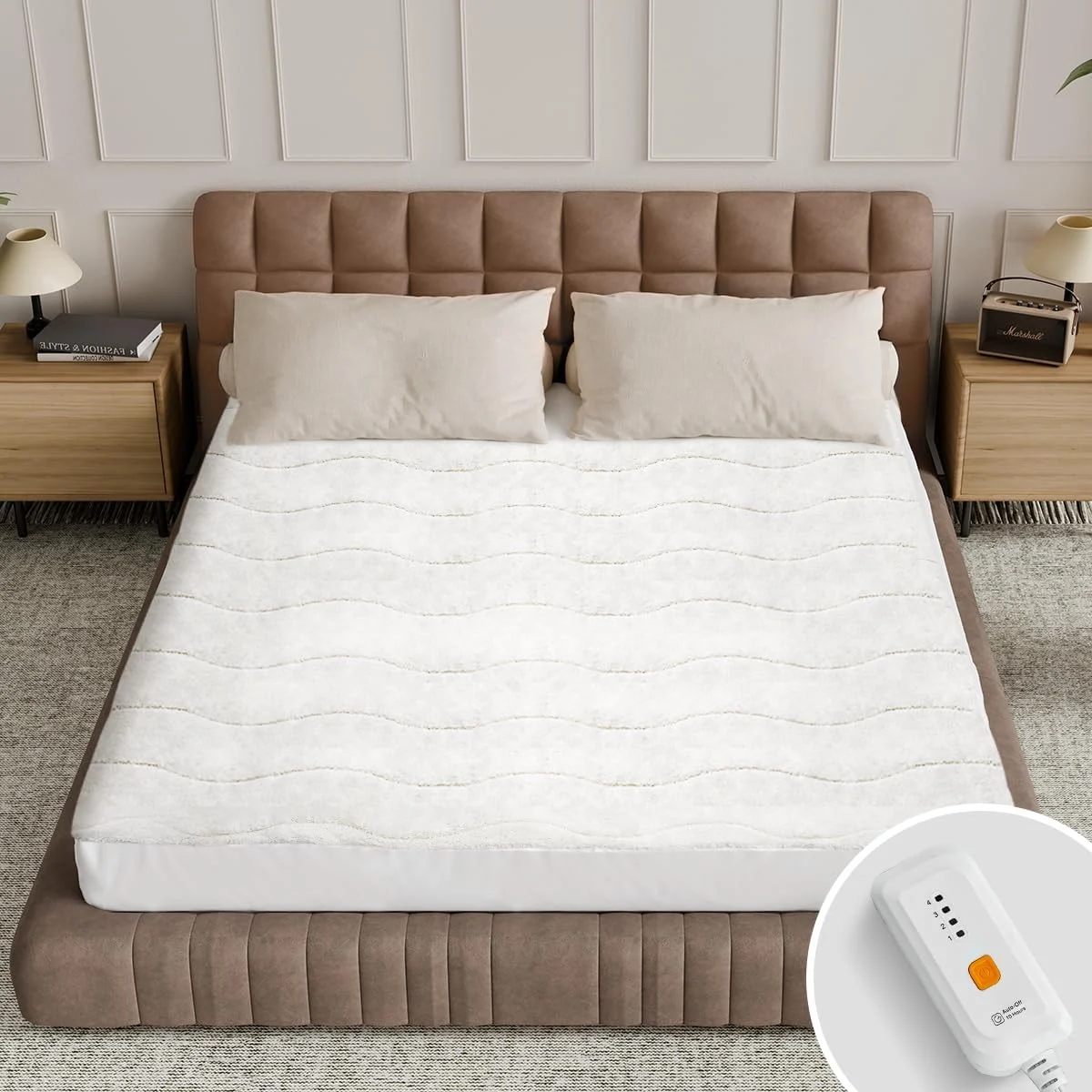 Templewet Heated Mattress Pad on Amazon, showing the control unit and fitted sheet