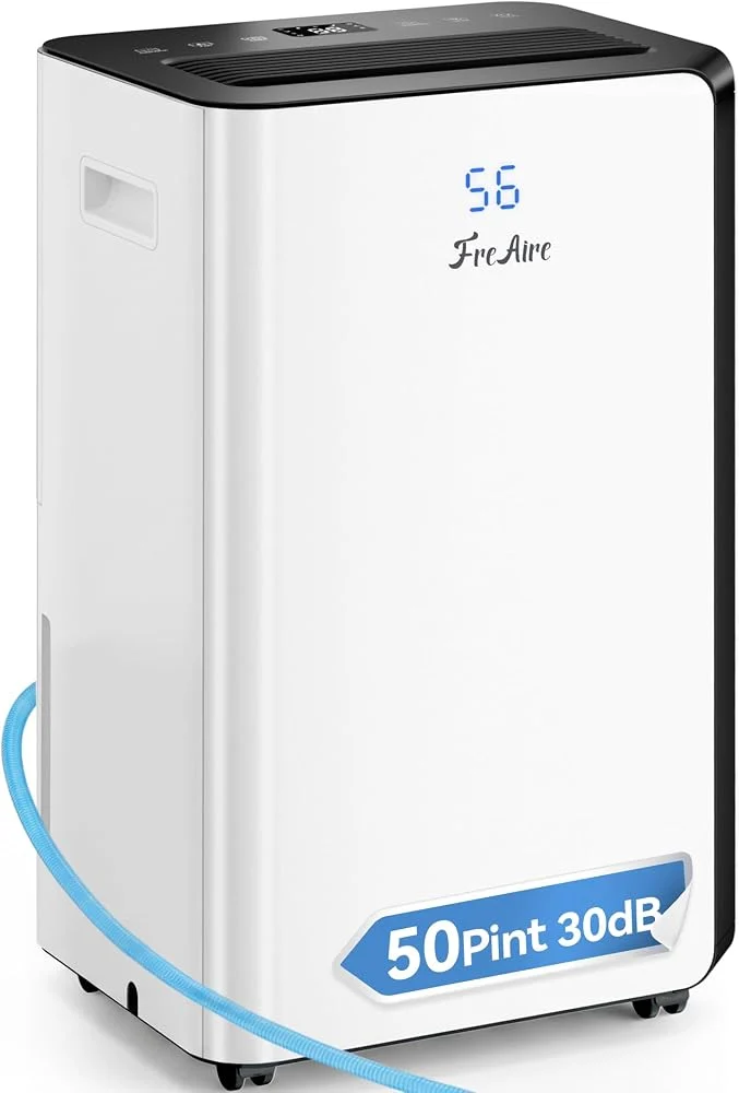FreAire 54 Pint Dehumidifier on Amazon with front humidity display and drain hose
