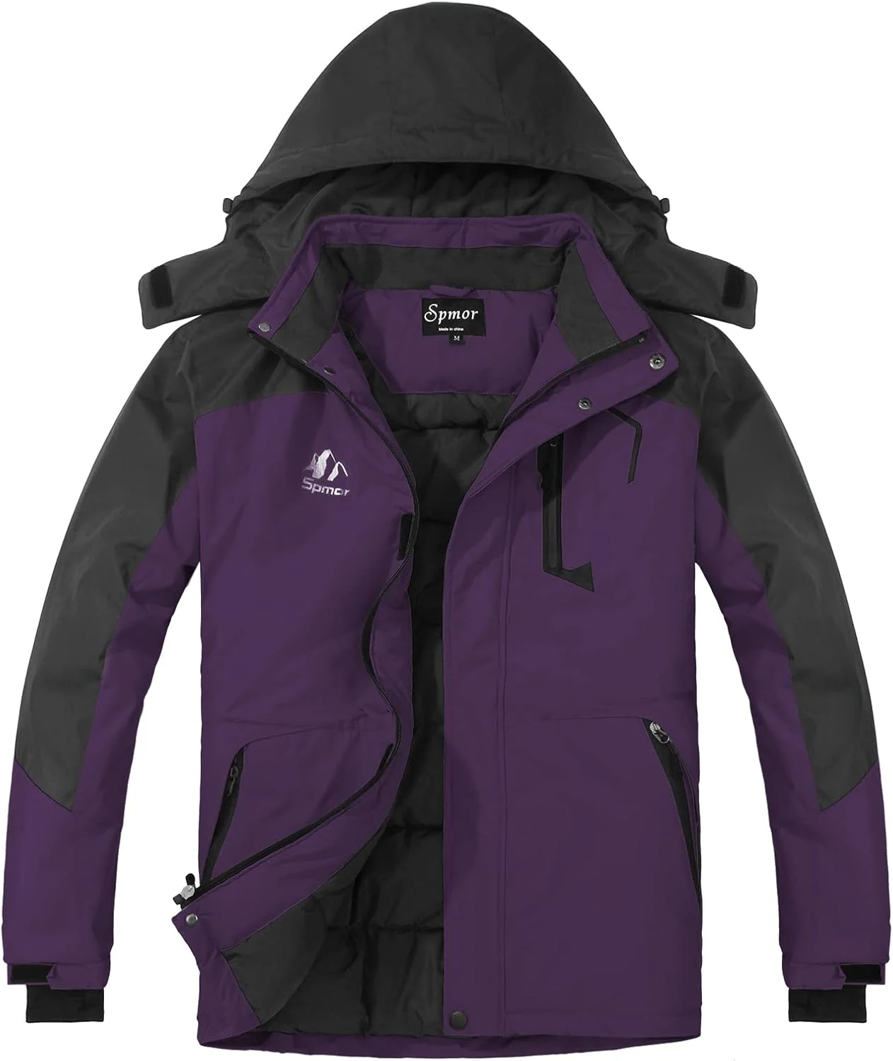 Spmor Women's Waterproof Ski Jacket in purple, hooded design, shown on Amazon