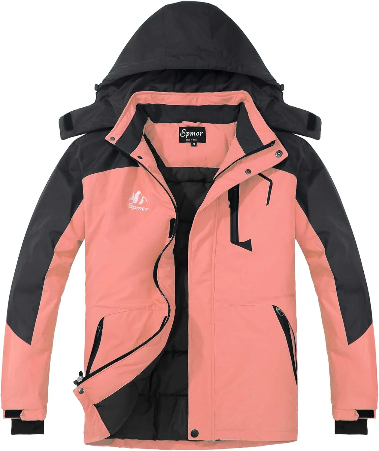 Spmor Women's Waterproof Ski Jacket in pink, displayed on Amazon