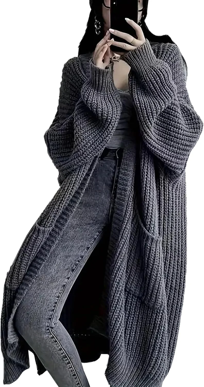LQAQL Women's Plus Size Long Sleeve Knit Open Front Cardigan in grey, shown on Amazon