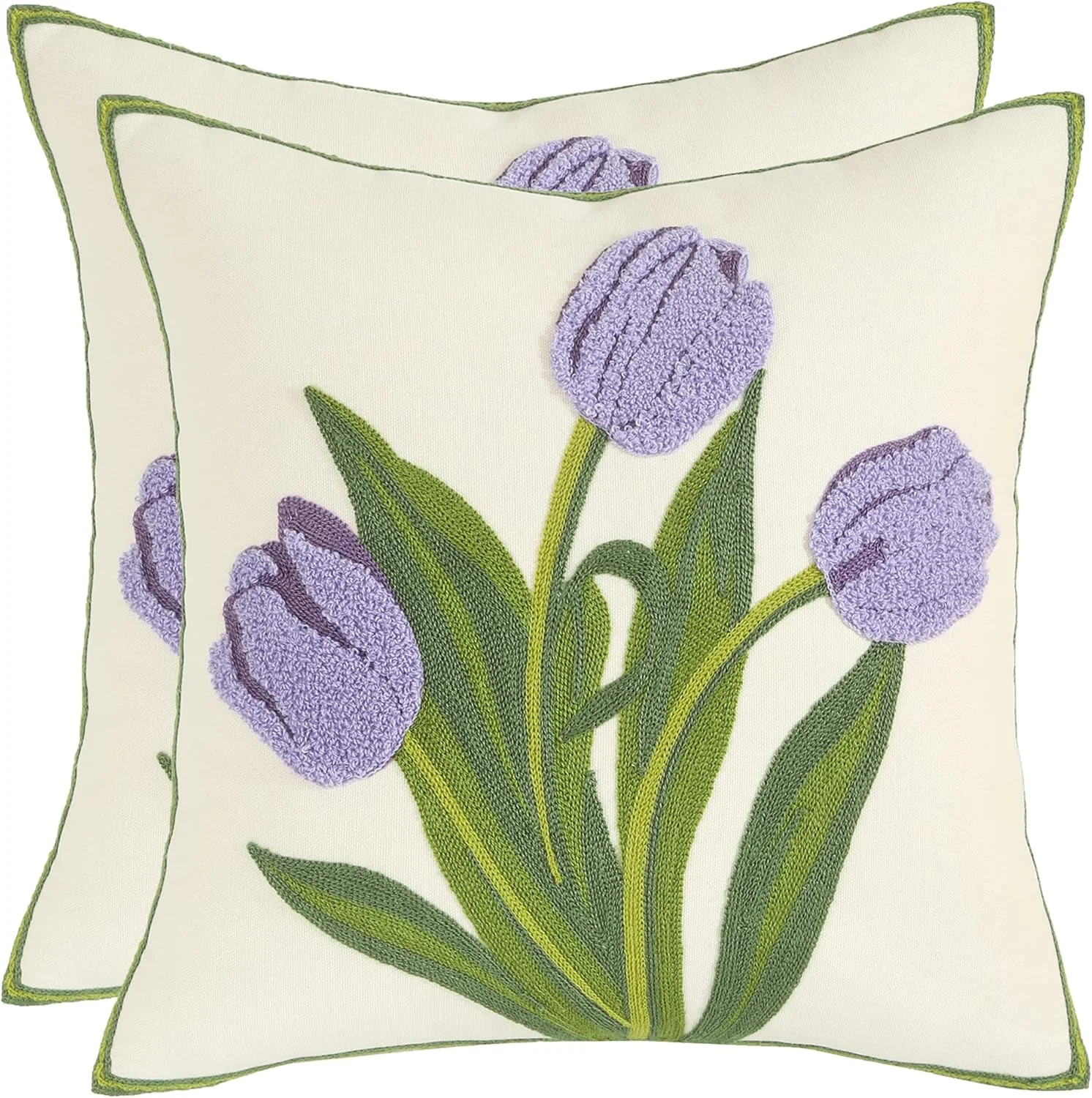 Tosleo embroidered throw pillow covers pack of 2 in purple tulip and green leaves, Amazon