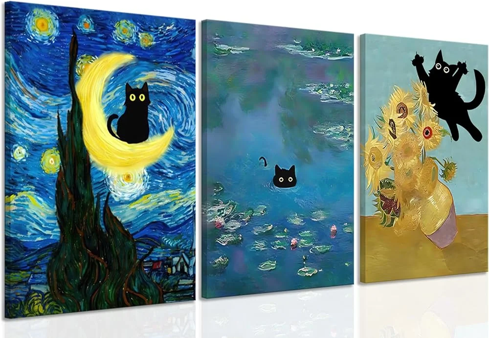 Funny Black Cat Wall Art canvas print sold by Amazon, 12x16 framed décor