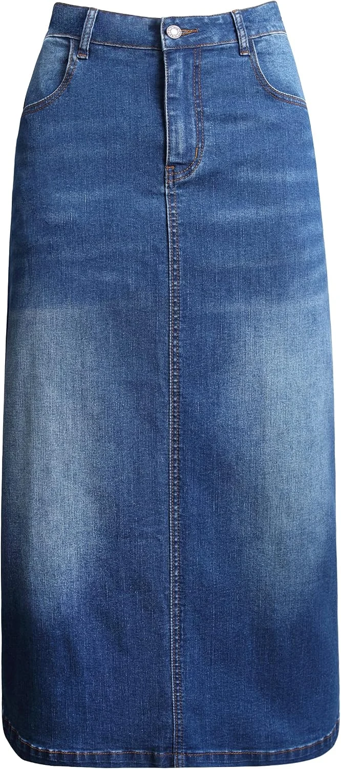 Women's Midi Jean Skirt high rise stretchy denim blue on Amazon