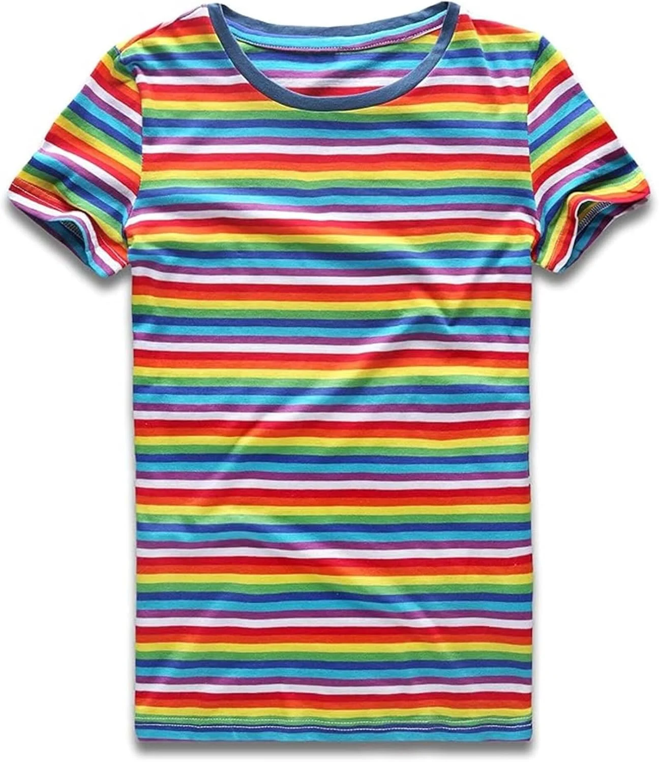 Rainbow striped women short sleeve crew neck T‑shirt on Amazon