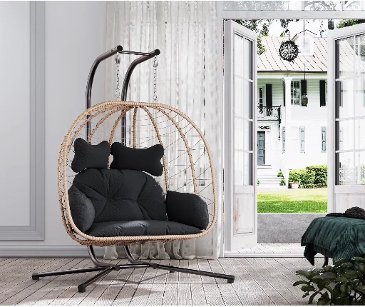 LHBcraft Double Wicker Swing Egg Chair with removable cushions in yellow and black at Walmart