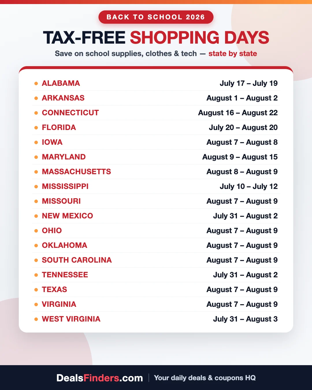 Back-to-School 2026 Tax-Free Shopping Days: All 17 States & Dates