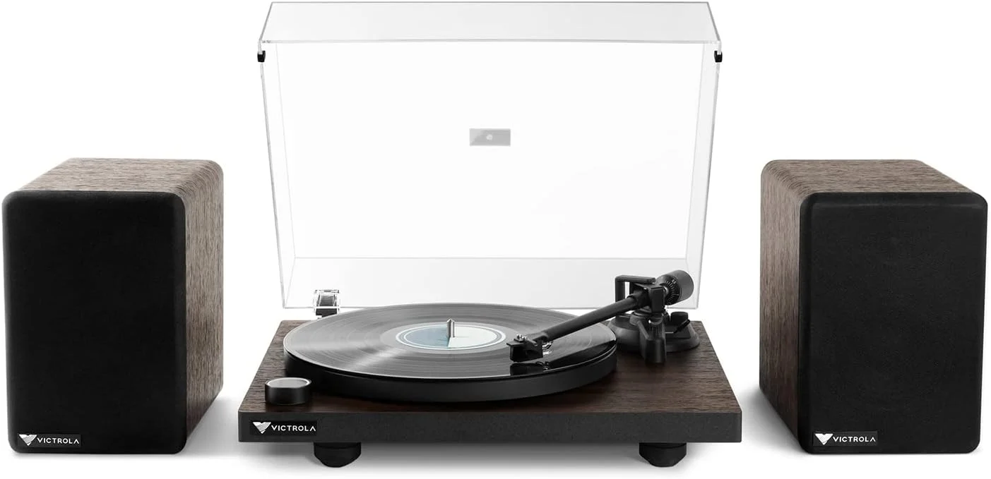 Victrola Turntable System with Bluetooth connectivity and bookshelf monitors on Amazon