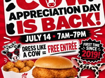 Chick-fil-A Cow Appreciation Day 2026: Dress Like a Cow and Get a FREE Entrée on July 14