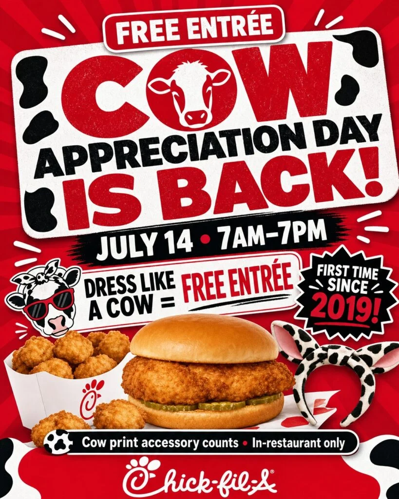 Free Entrée on Cow Appreciation Day at Chick-fil-A – Dress Like a Cow