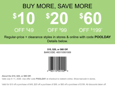 $10-$60 off $49+ at DSW, or online via promo code POOLDAY