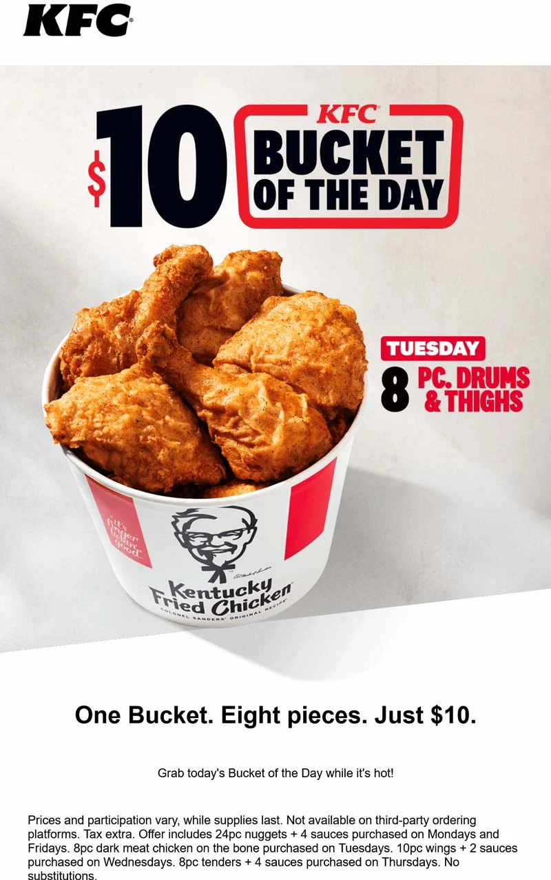 8‑Piece Chicken Bucket Only $10 (Reg. $30) – Save Big at KFC