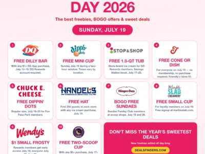 National Ice Cream Day 2026 freebies and BOGO offers from Dairy Queen, Dippin Dots, Stop & Shop, Friendly's, Chuck E. Cheese, Handel's, Haagen-Dazs, Marble Slab, Wendy's and Insomnia Cookies