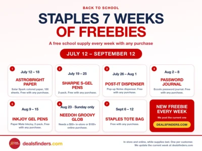 Staples 7 Weeks of Freebies 2026: free school supply every week July 12 to September 12