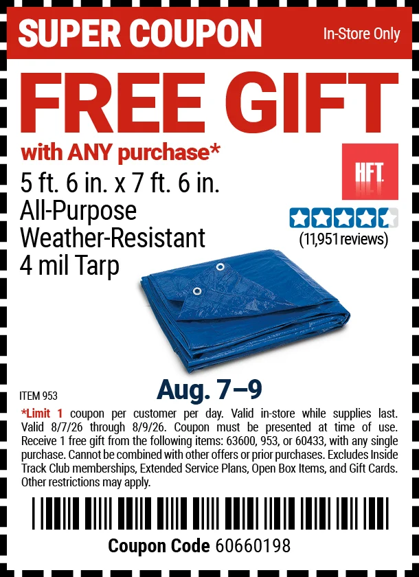 Free 18″ Magnetic Tool Holder & 5’6″ Tarp with Any Harbor Freight
