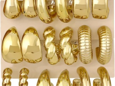 12 Pairs Chunky Gold Hoop Earrings for Women Trendy, Gold Plated Lightweight Hypoallergenic Stack, Thick Open Twisted Huggie Hoops Earring Set