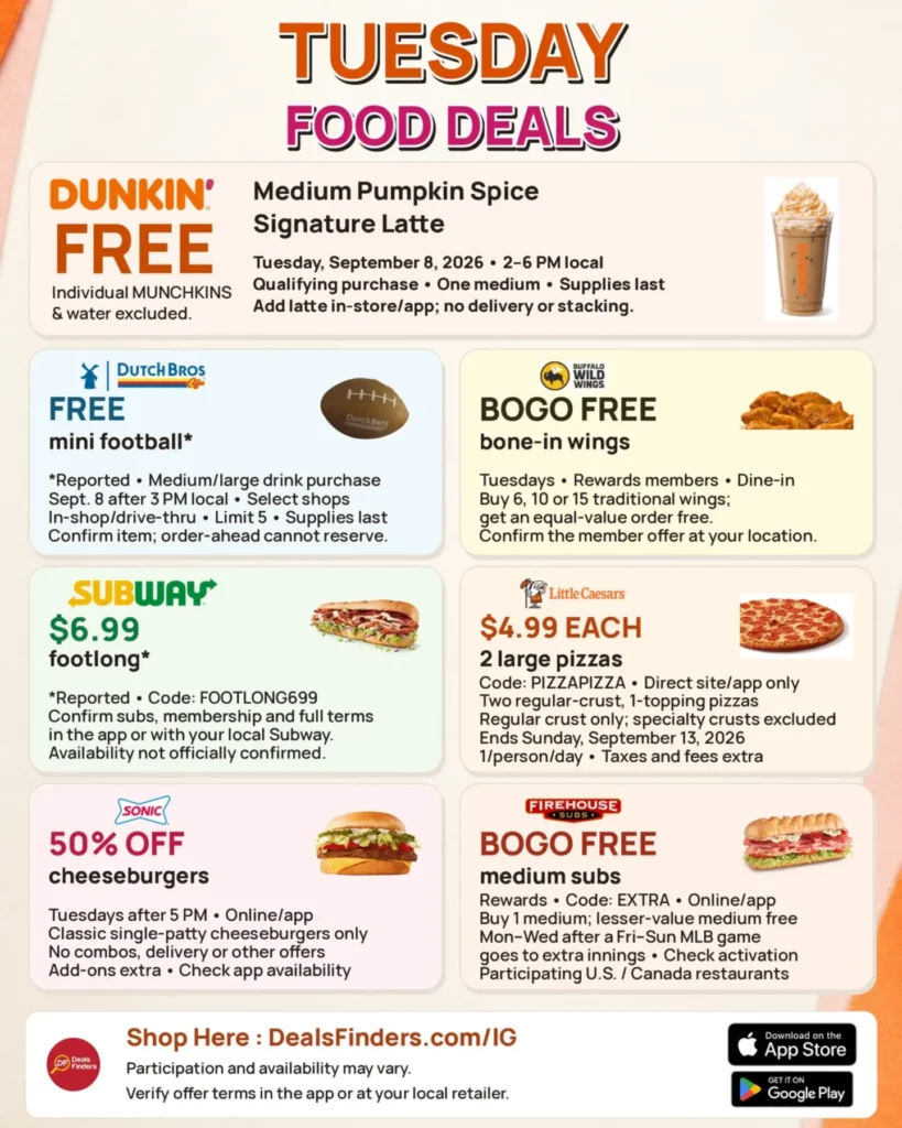 September 8 Food Deals: Dunkin’, Little Caesars, Wings & More