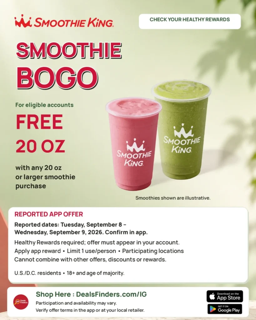 Smoothie King: Reported BOGO 20-Ounce Smoothie Offer for September 8–9