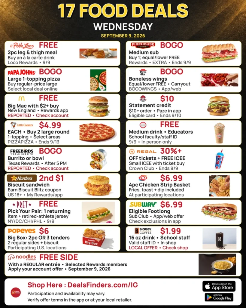 17 Wednesday Food Deals for September 9, 2026
