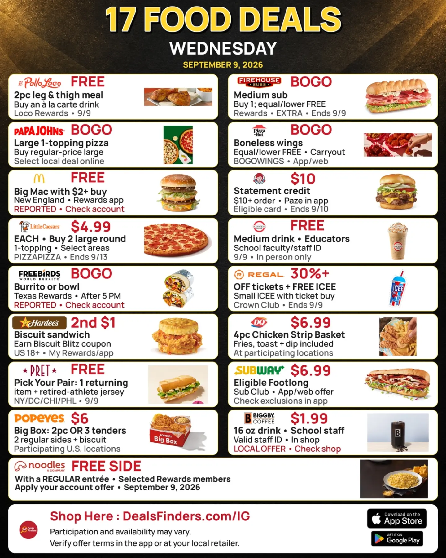 17 Wednesday Food Deals for September 9, 2026