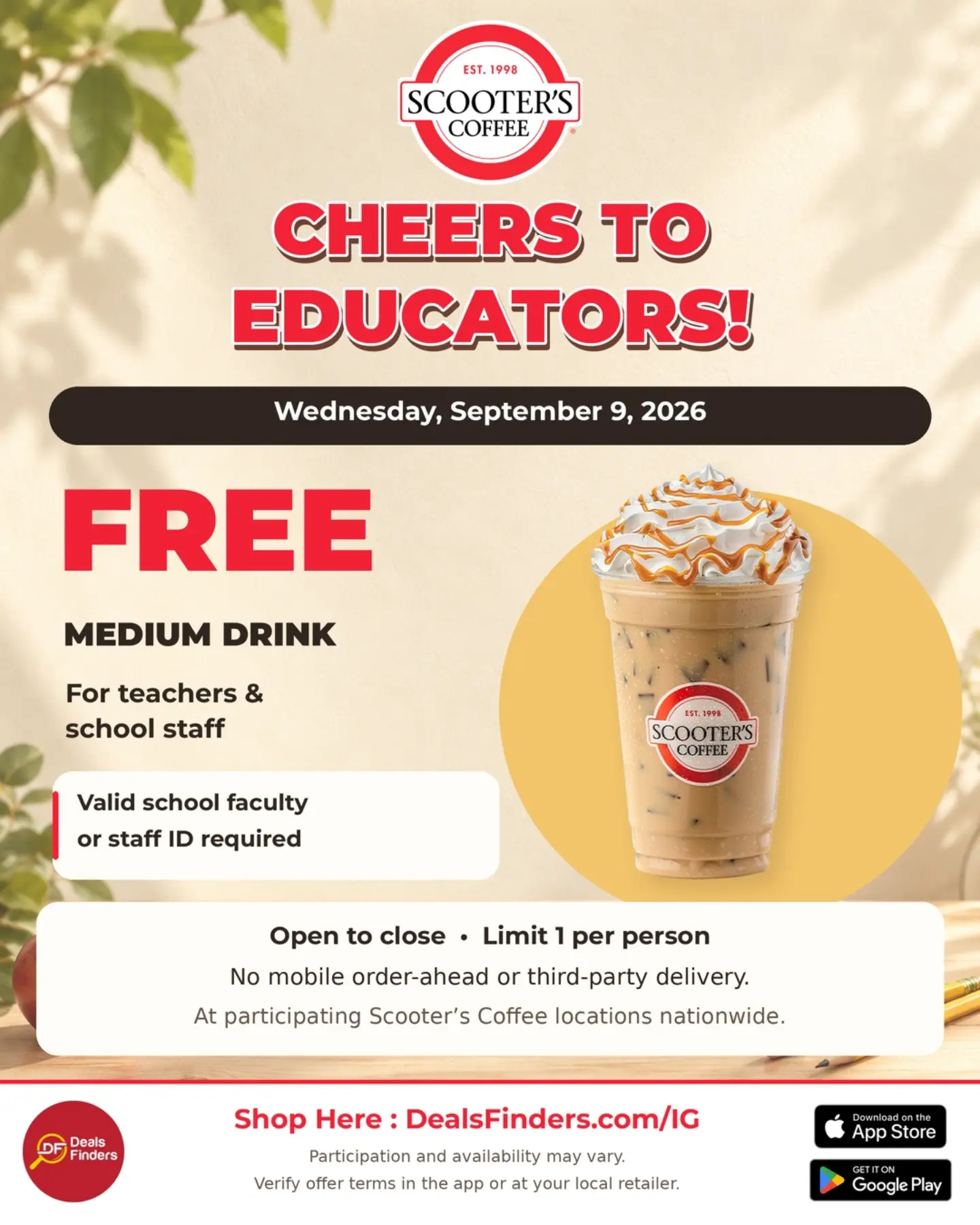 Scooter’s Coffee: Free Medium Drink for Educators on September 9
