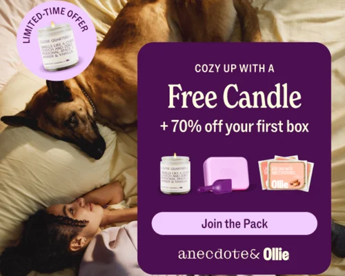 Free Anecdote Candle + 70% off + Free Welcome Kit and Free Shipping Ollie