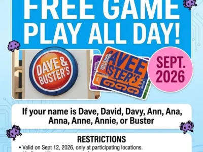 Dave & Buster’s: Free Game Play for Eligible Names on September 12