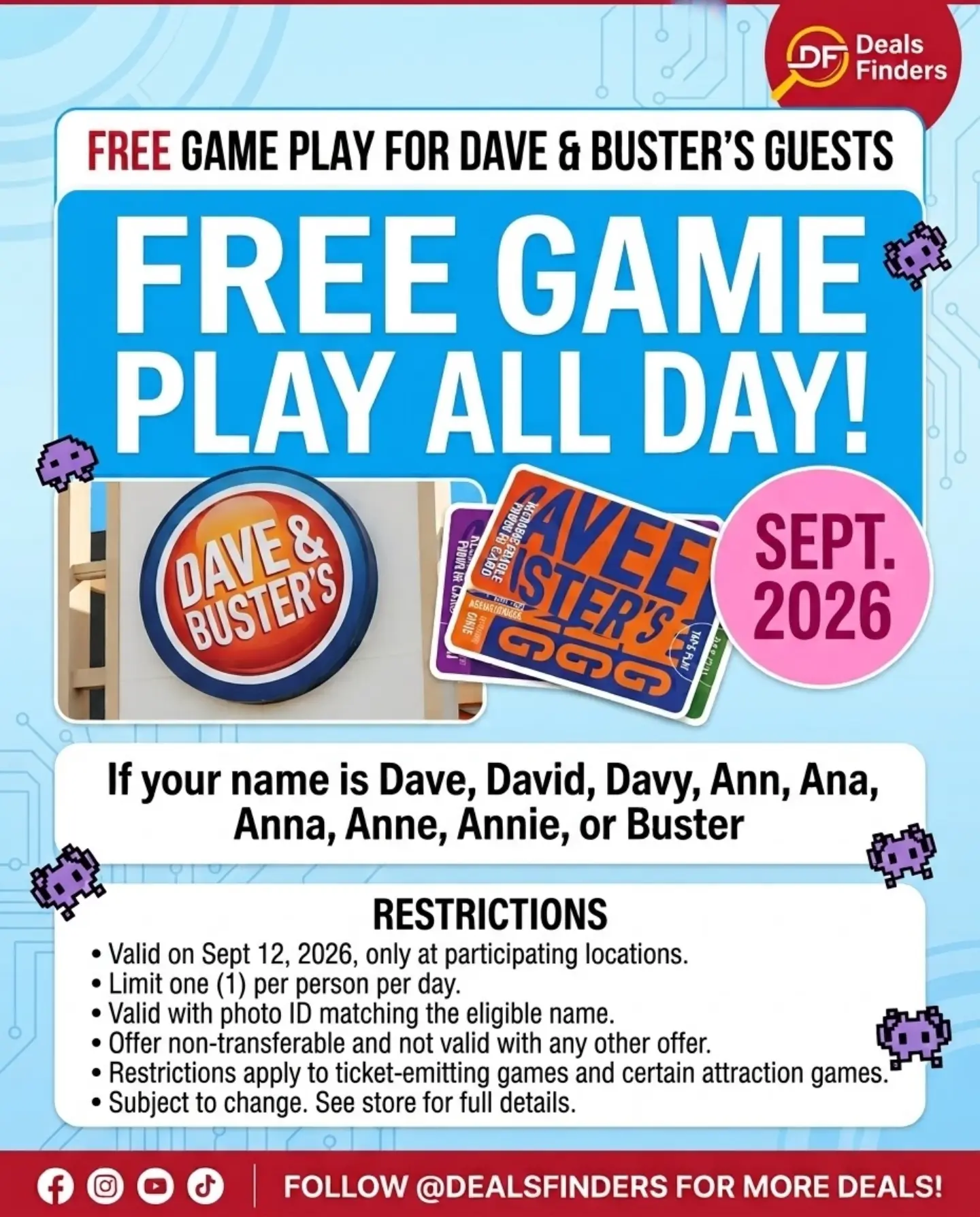 Dave & Buster’s Free Game Play Deal on September 12