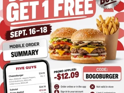 Five Guys BOGO Burgers September 16–18 with Code BOGOBURGER