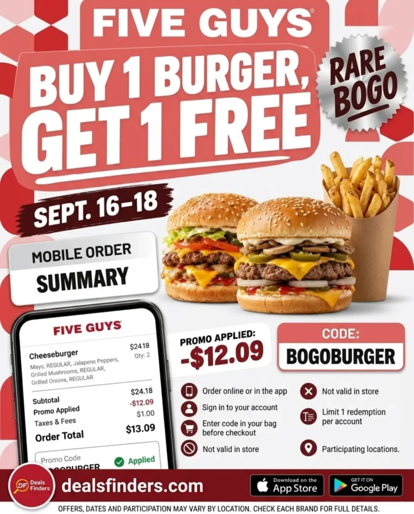 Five Guys BOGO Burgers September 16–18 with Code BOGOBURGER