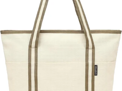 QYEPYUE Large Canvas Tote Bag for Women, Beach Bag with Zipper, Utility Tote Bag with 3 Front Pockets, Weekender Pool Bag (Beige Yellow with Brown)