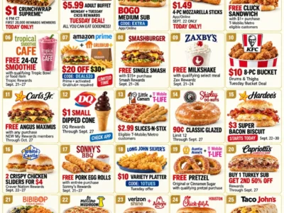 25 Tuesday Food Deals for September 22: Freebies, Discounts and App Offers