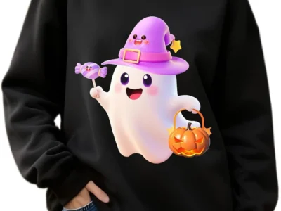 IRUD Halloween Sweatshirts for Women – Oversized Ghost Pumpkin Lantern Candy Pattern Round Neck Casual Long Sleeve