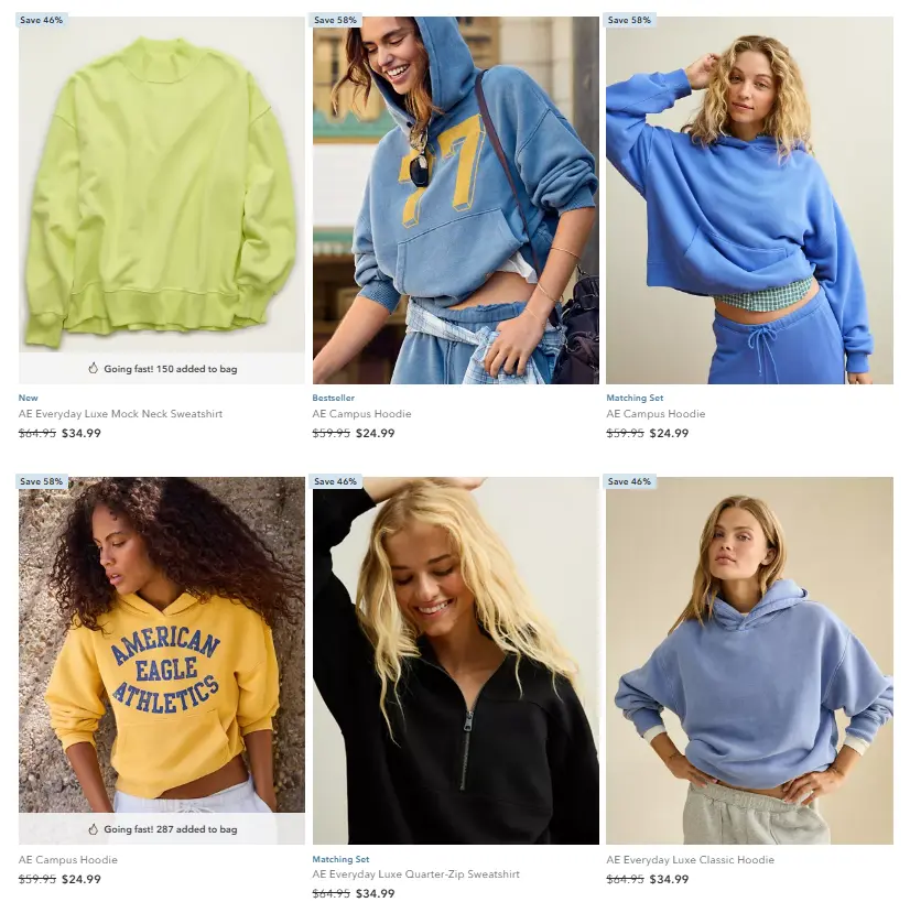 Women’s Hoodies & Sweatshirts Save 71% at American Eagle