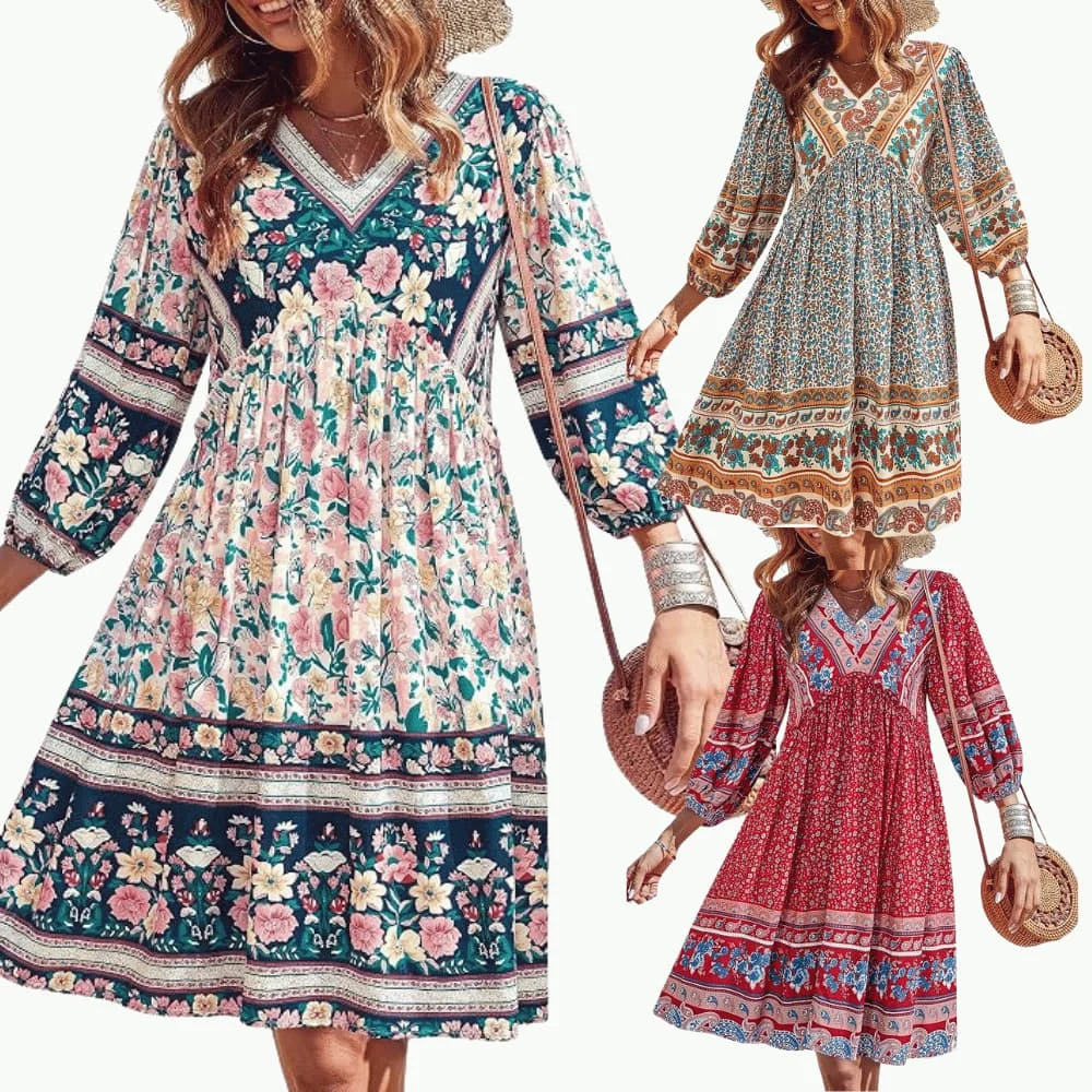 Casual Floral Long Sleeve Mini Dress Deal