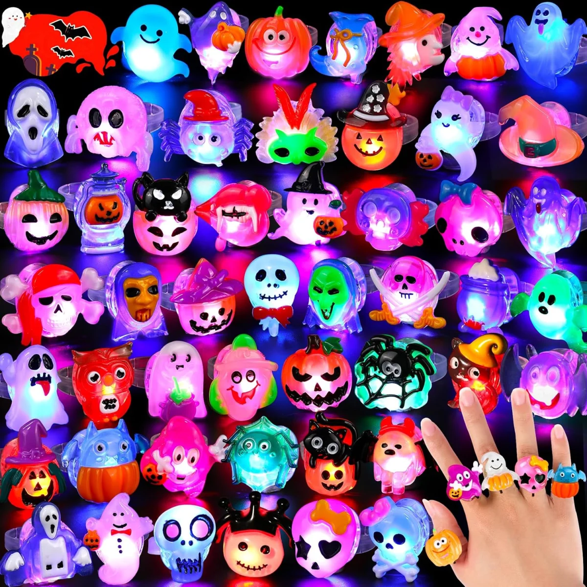 50 Pcs 3D Halloween Treats Light Up Rings Deal