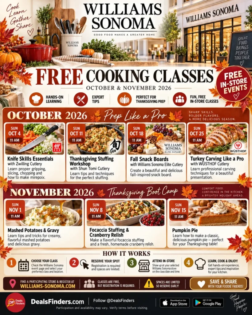 Free Williams Sonoma Cooking Classes in October and November 2026