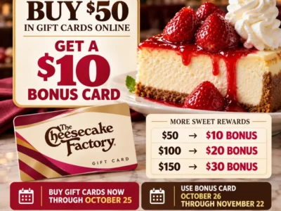 Cheesecake Factory: Get a $10 Bonus Card for Every $50 in Gift Cards Online