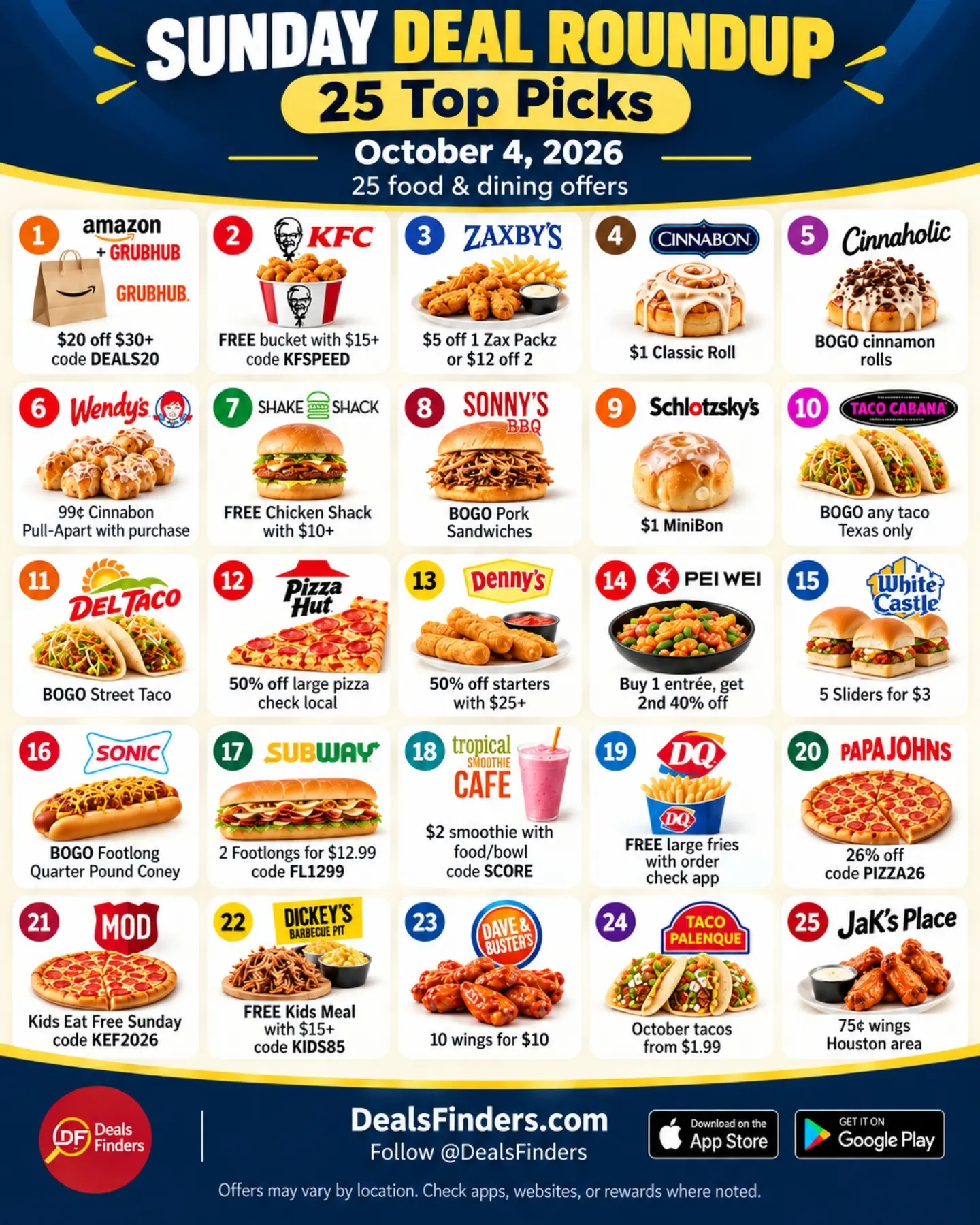 October 4 Sunday Food Deals: 25-Offer Roundup (Archive)