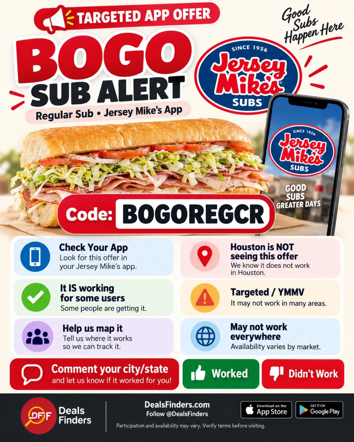 Jersey Mike’s Targeted BOGO Regular Sub Offer: Check Your App for BOGOREGCR