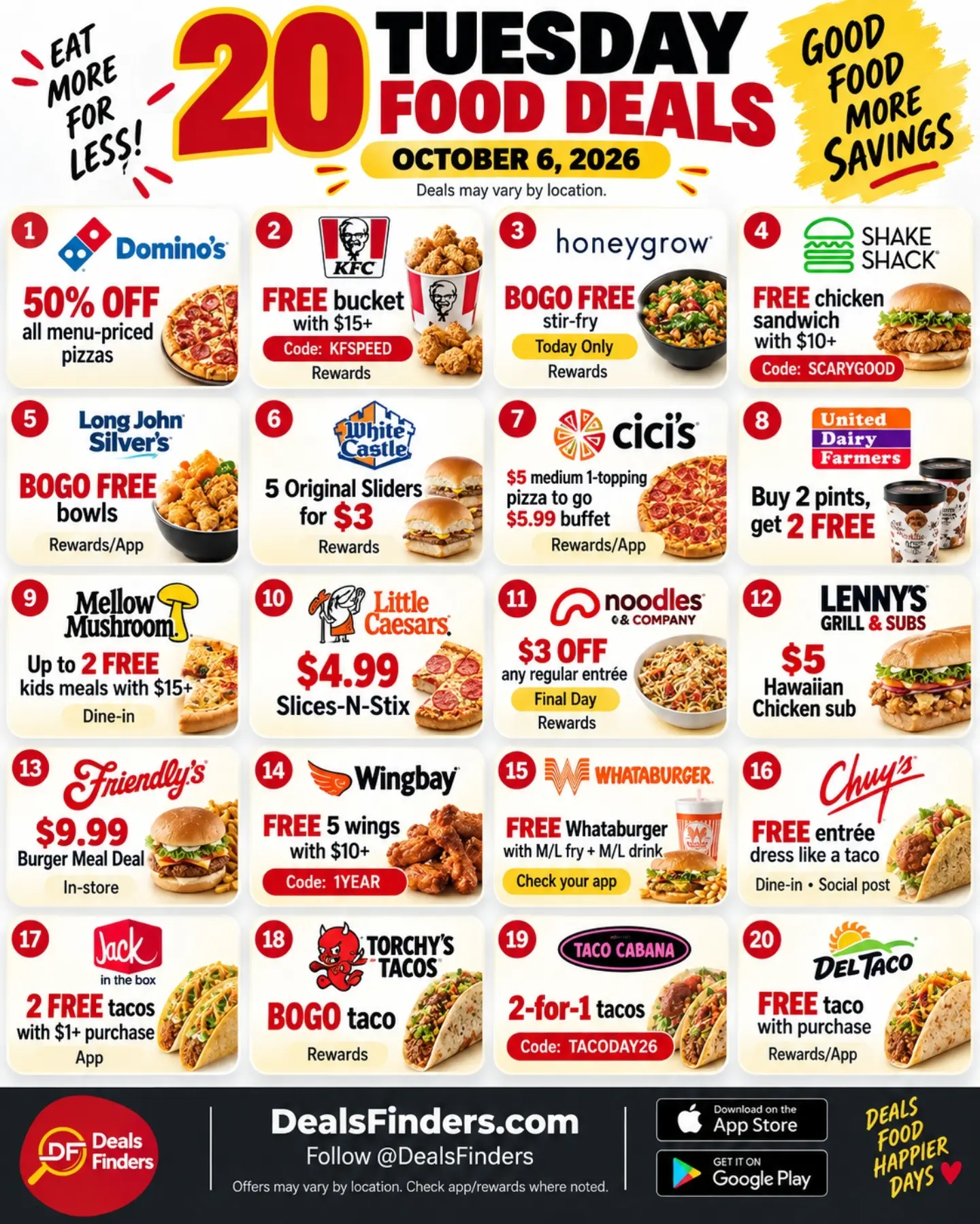 20 Tuesday Food Deals for October 6: Pizza, Noodles, Tacos and App Offers