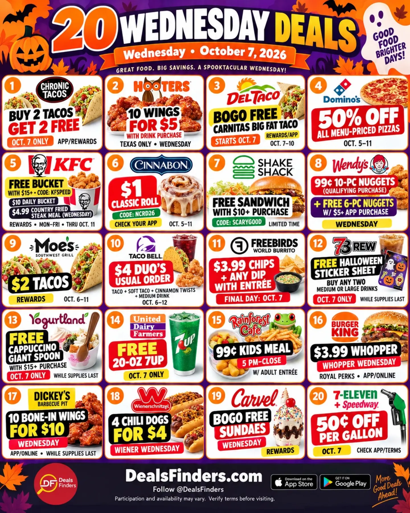 20 Wednesday Deals for October 7, 2026: Food Offers and Terms to Check