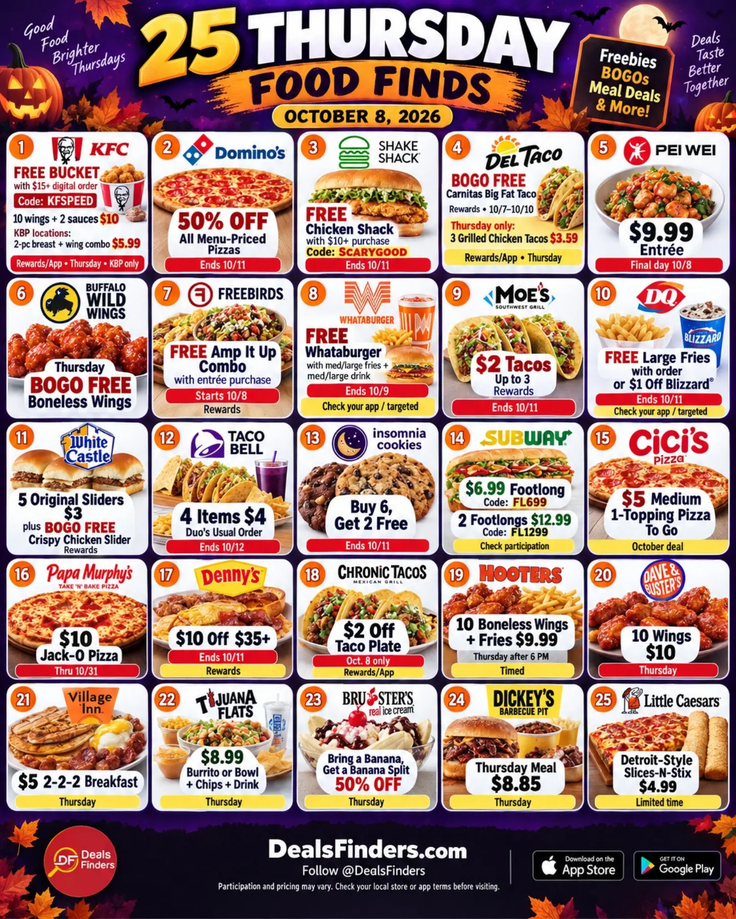 25 Thursday Food Deals for October 8, 2026: Offers and Terms to Check
