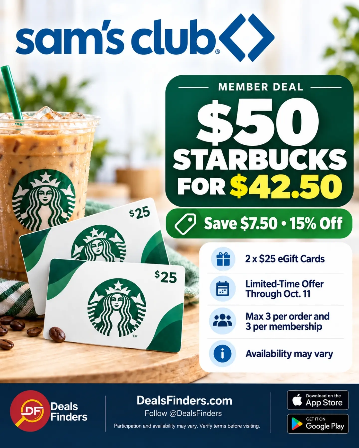 Sam’s Club: $50 in Starbucks eGift Cards for $42.50 Through October 11