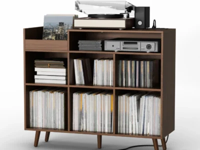 Meher4522WVinylRecordStorageCabinetwithChargingStation2CAdjustableOpenShelves
