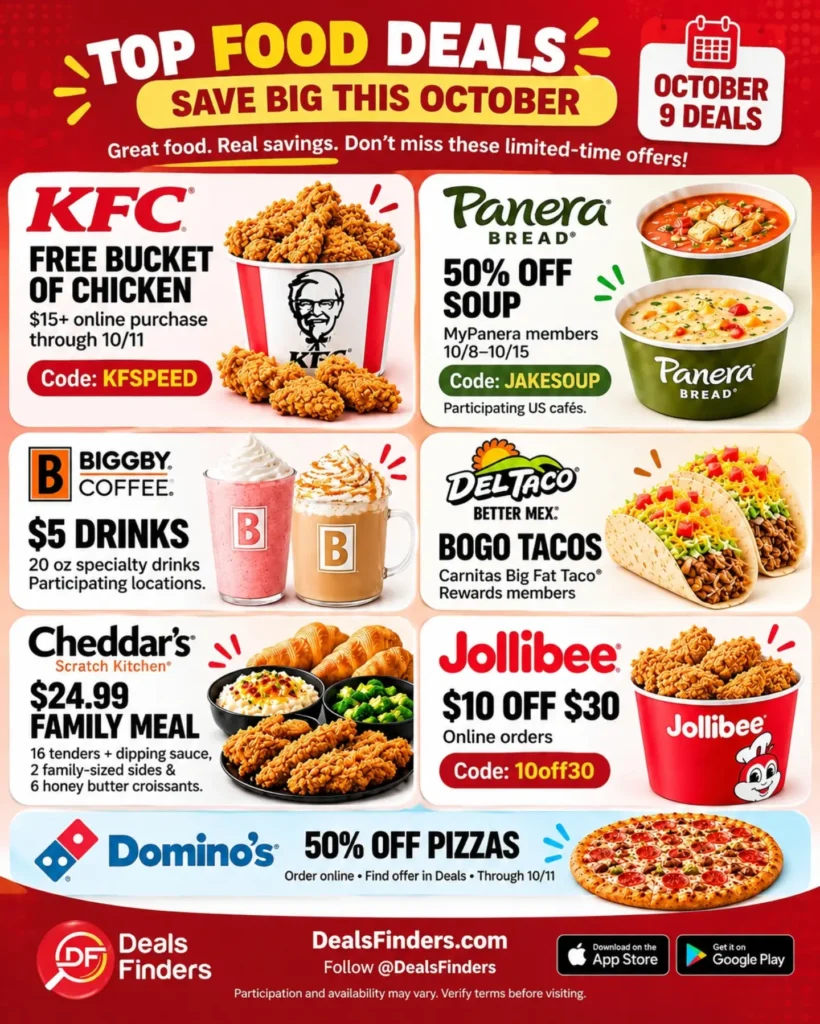 October 9 Food Deals: KFC, Panera, BIGGBY, Del Taco and More