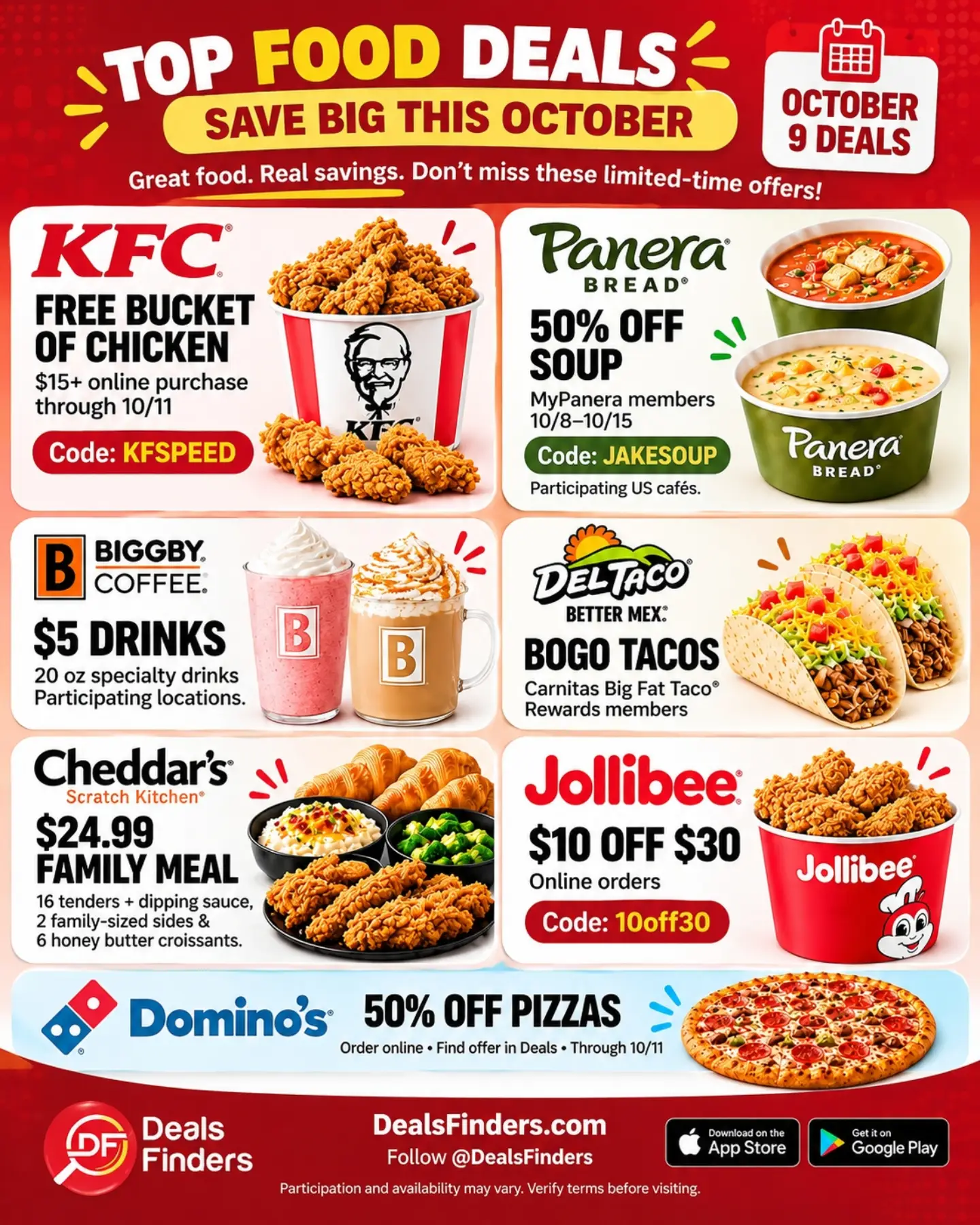 October 9 Food Deals: KFC, Panera, BIGGBY, Del Taco and More
